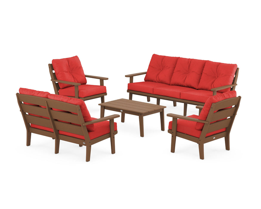 POLYWOOD® Lakeside 5-Piece Lounge Sofa Set in Teak / Crimson Linen