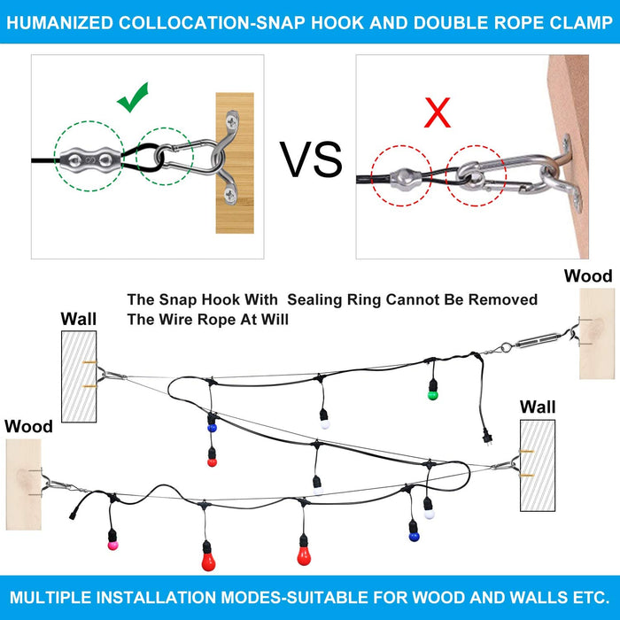 SLGC02 String Light Hanging Cable Kit 165 FT, Nylon Coated 304 Stainless Steel Guide Wire and Accessories for Outdoor Bistro String Lights