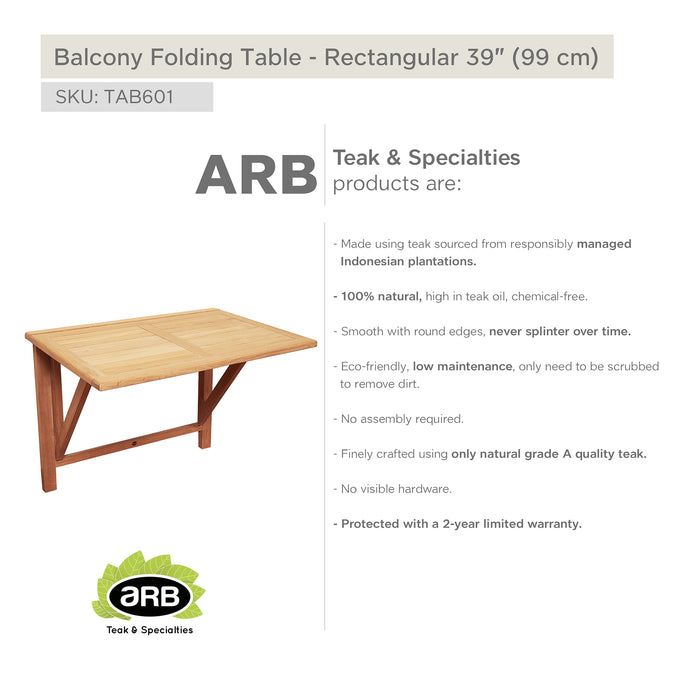 ARB Teak Folding Balcony Table - Rectangular 40"