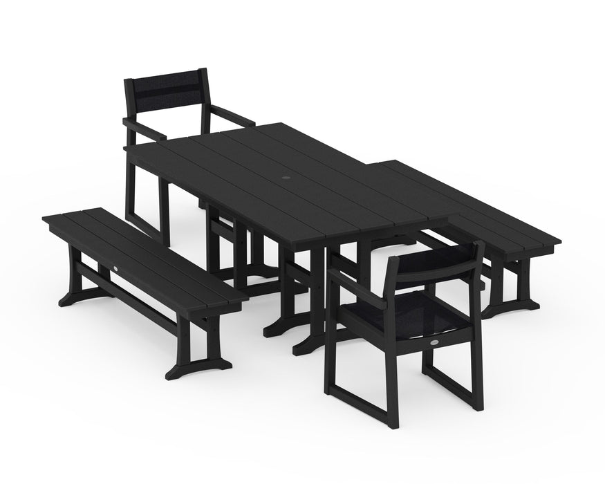 POLYWOOD® EDGE Sling Arm Chair 5-Piece Farmhouse Dining Set with Benches
