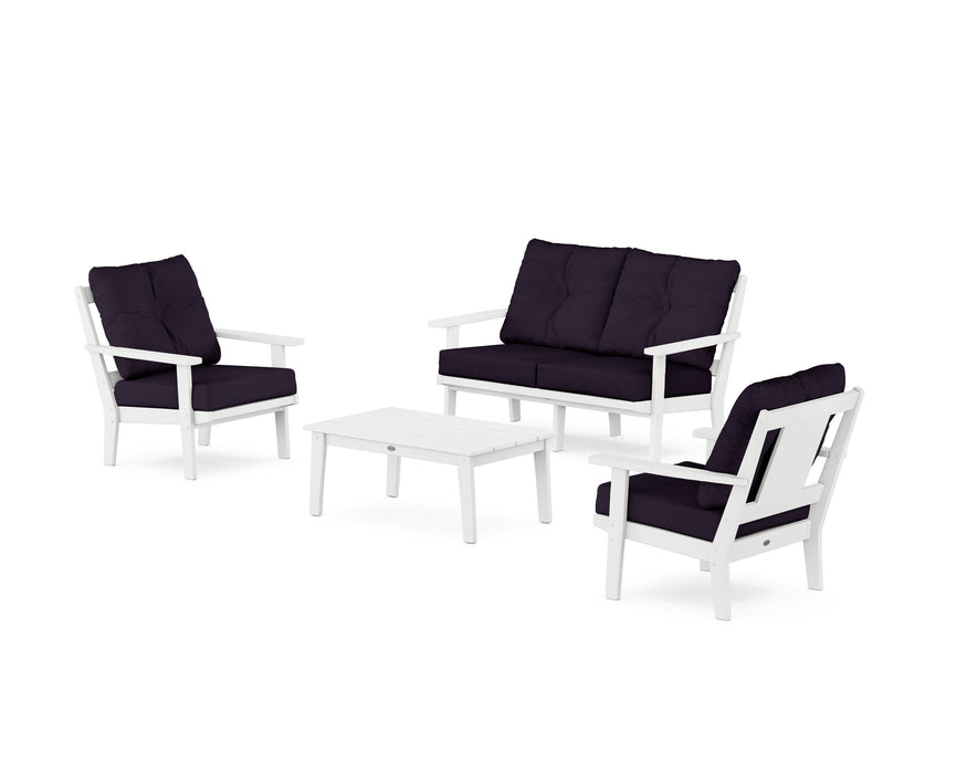 POLYWOOD Prairie 4-Piece Deep Seating Set with Loveseat in White / Navy Linen