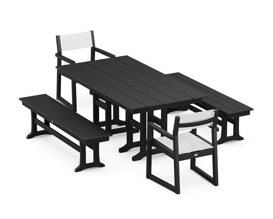 POLYWOOD® EDGE Sling Arm Chair 5-Piece Farmhouse Dining Set with Benches