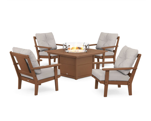 POLYWOOD Prairie 5-Piece Deep Seating Set with Fire Pit Table in Teak / Dune Burlap