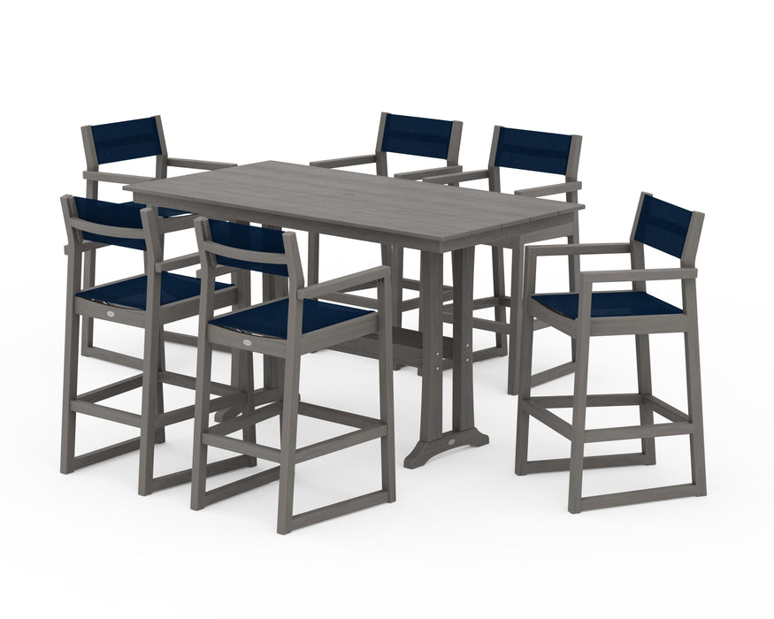 POLYWOOD® EDGE Sling Arm Chair 7-Piece Farmhouse Bar Set with Trestle Legs