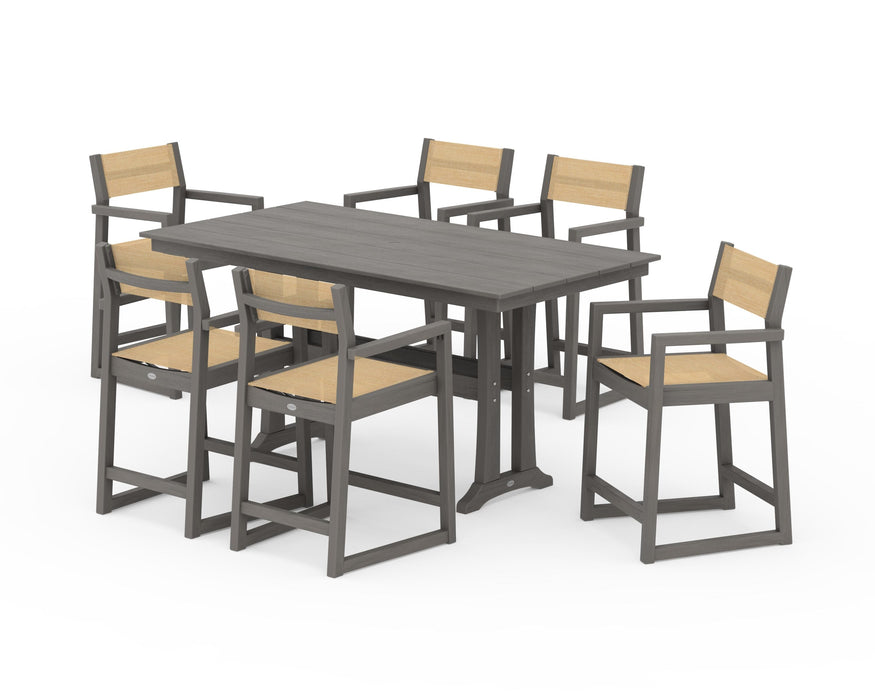 POLYWOOD® EDGE Sling Arm Chair 7-Piece Farmhouse Counter Set with Trestle Legs