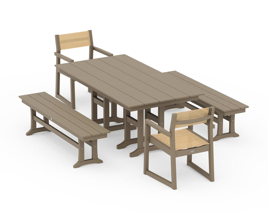 POLYWOOD® EDGE Sling Arm Chair 5-Piece Farmhouse Dining Set with Benches