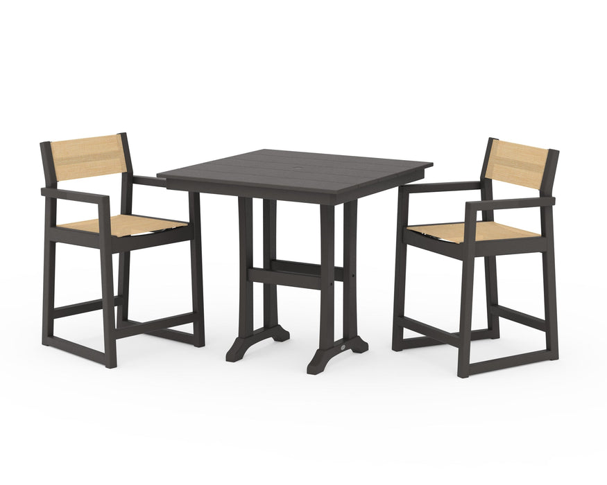 POLYWOOD® EDGE Sling Arm Chair 3-Piece Farmhouse Counter Set with Trestle Legs