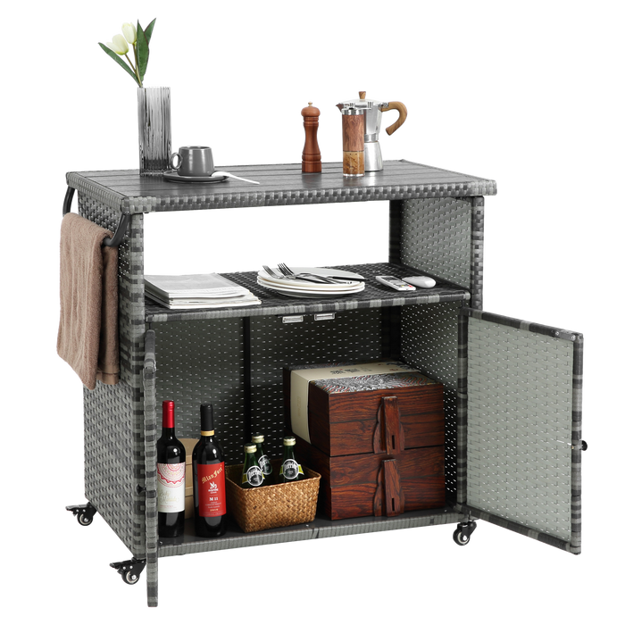 Outdoor Wicker Bar Cart with Glass Top and Wheels