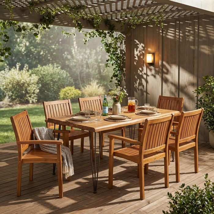 7 Pieces Acacia Wood Outdoor Dining Set with 6 Chairs