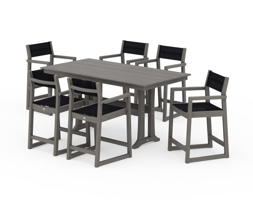 POLYWOOD® EDGE Sling Arm Chair 7-Piece Farmhouse Counter Set with Trestle Legs