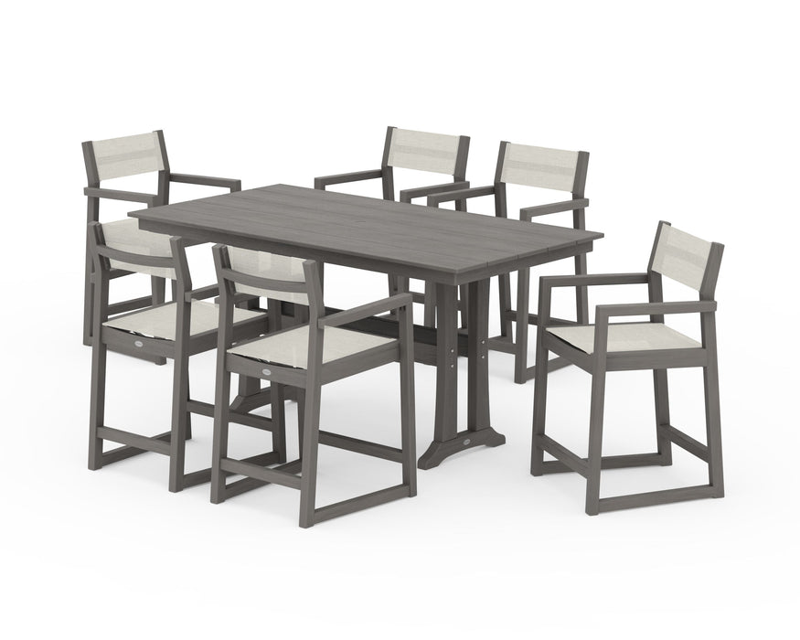 POLYWOOD® EDGE Sling Arm Chair 7-Piece Farmhouse Counter Set with Trestle Legs