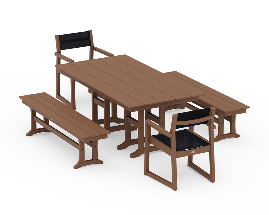 POLYWOOD® EDGE Sling Arm Chair 5-Piece Farmhouse Dining Set with Benches
