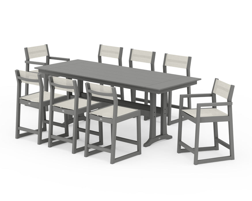 POLYWOOD® EDGE Sling 9-Piece Farmhouse Counter Set with Trestle Legs