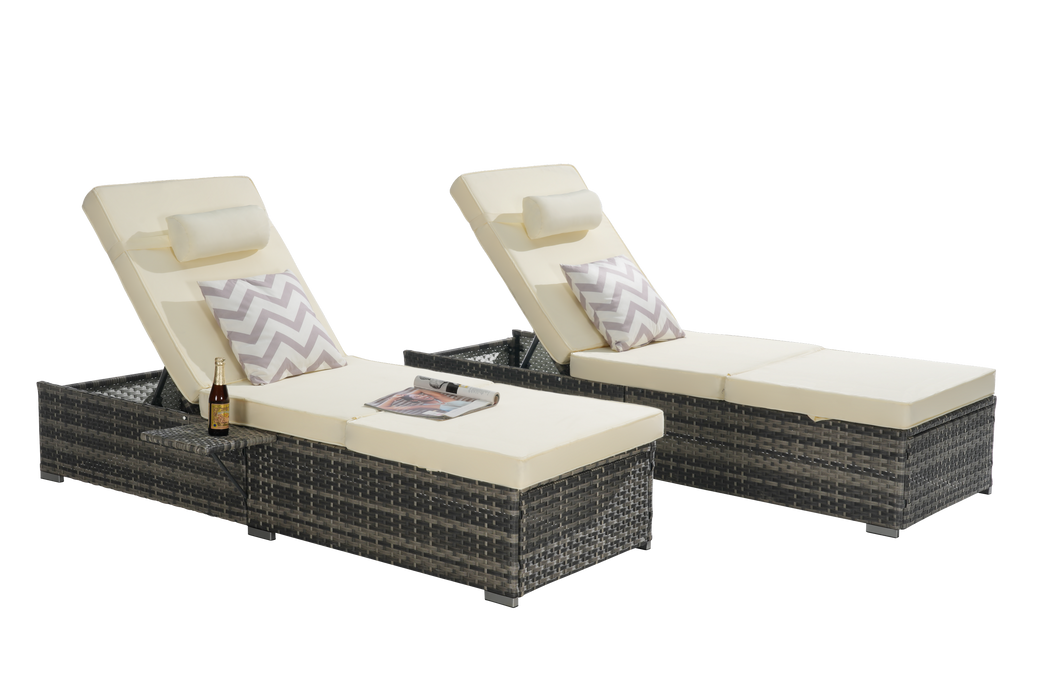 Outdoor Chaise Lounge Chair Set of 2 with Storage Patio Pool Chairs Tanning Lounges for Outside,Beach Rattan Recliners with Adjustable Backrest, Table, Cushion for Poolside Backyard Garden