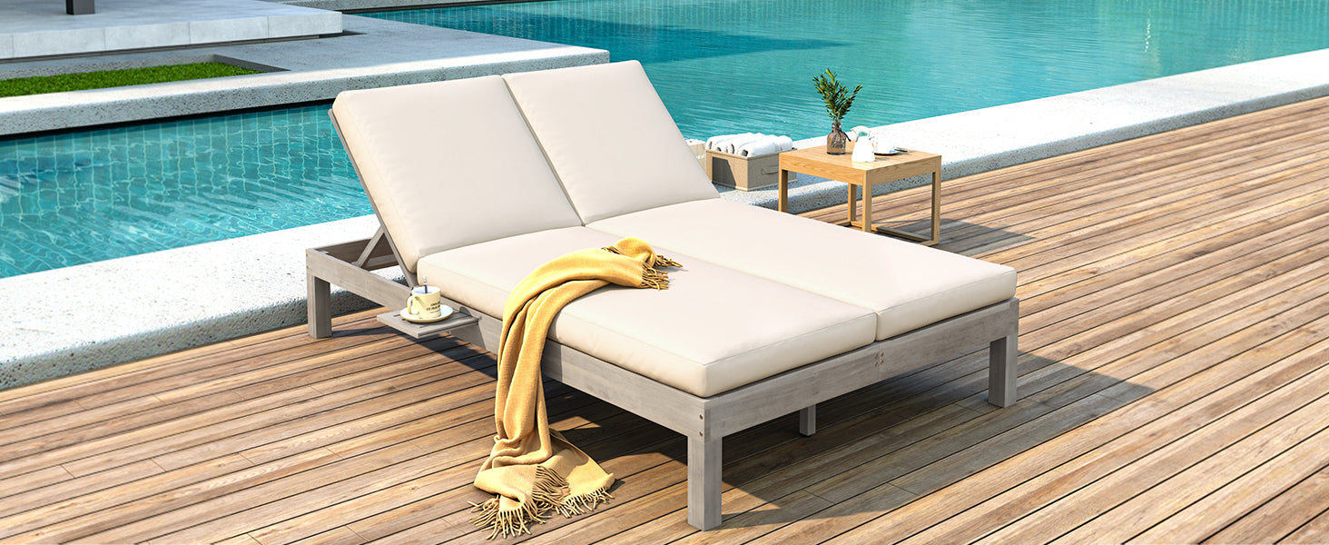 TREXM 5-Position Adjustable Backrest Double Chaise Lounge Outdoor