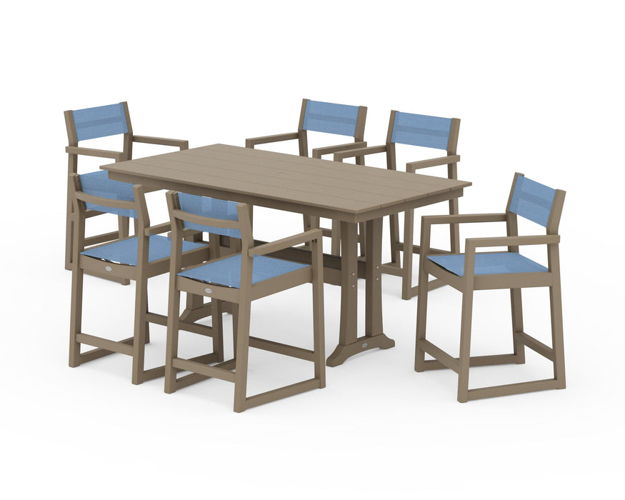 POLYWOOD® EDGE Sling Arm Chair 7-Piece Farmhouse Counter Set with Trestle Legs