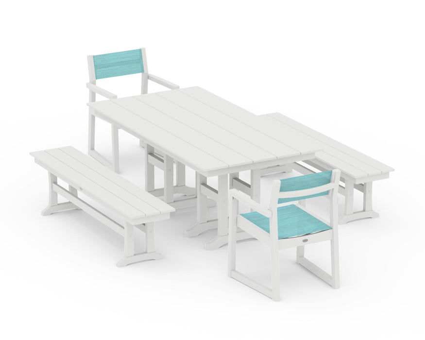POLYWOOD® EDGE Sling Arm Chair 5-Piece Farmhouse Dining Set with Benches