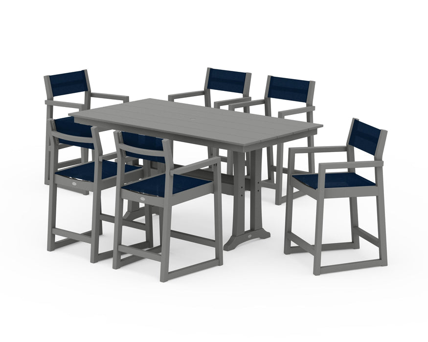 POLYWOOD® EDGE Sling Arm Chair 7-Piece Farmhouse Counter Set with Trestle Legs