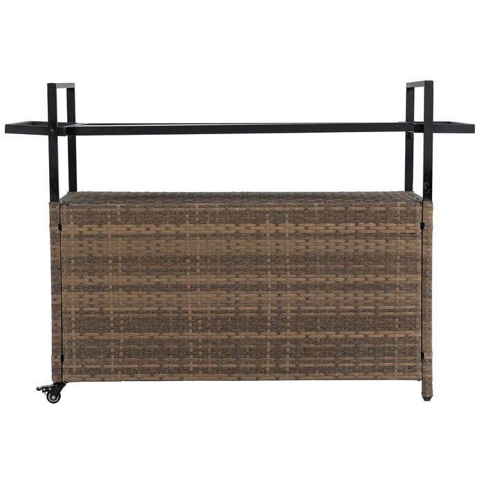 Outdoor Wicker Bar Cart with Glass Top and Wheels