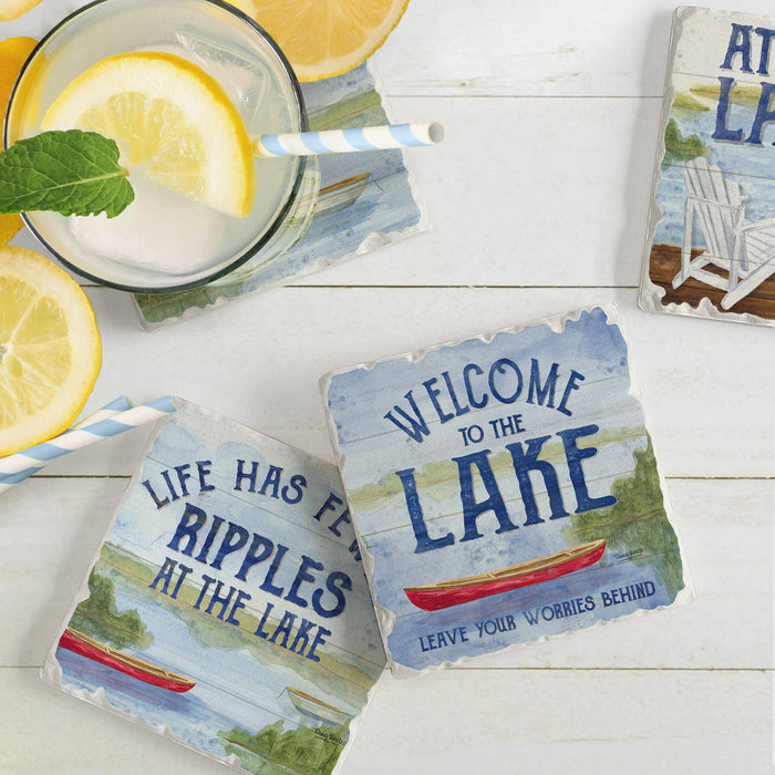 At The Lake Assorted Image Tumbled Tile Coaster 4 Pack