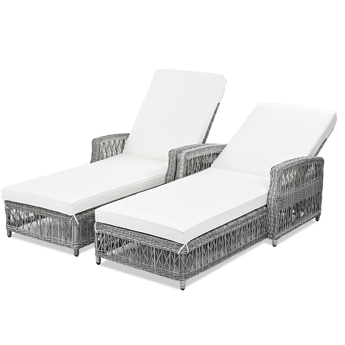GO 2 Pieces Long Reclining Chaise, Outdoor Wicker Lounge with Armrests, Patio Adjustable Recliner with Soft Removable Cushions, All Weather Rattan Pool Lounge for Poolside & Garden, Beige