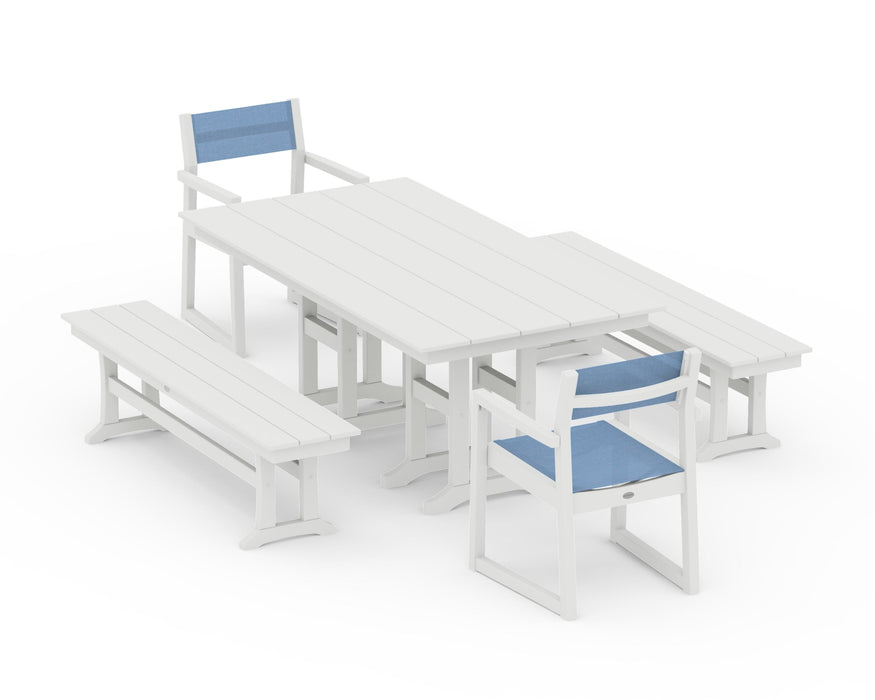 POLYWOOD® EDGE Sling Arm Chair 5-Piece Farmhouse Dining Set with Benches