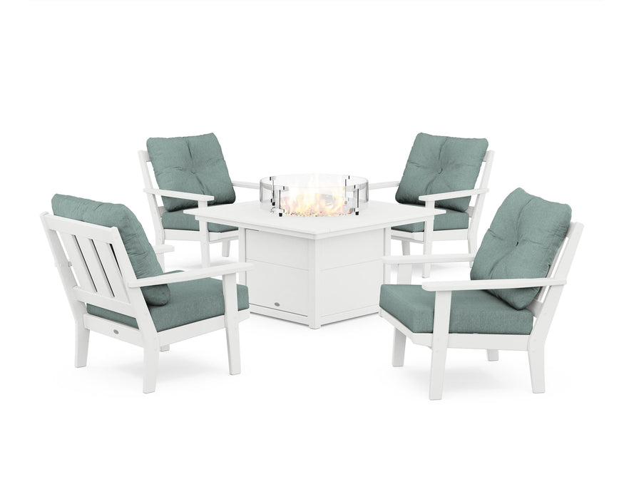 POLYWOOD Oxford 5-Piece Deep Seating Set with Fire Pit Table in White / Glacier Spa