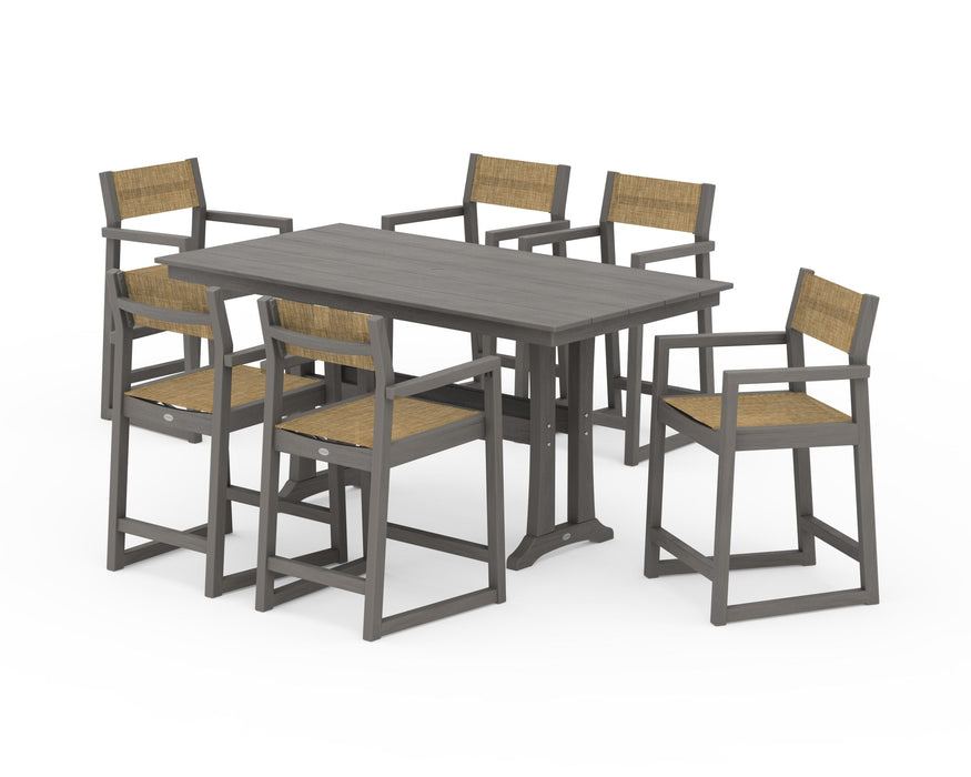 POLYWOOD® EDGE Sling Arm Chair 7-Piece Farmhouse Counter Set with Trestle Legs