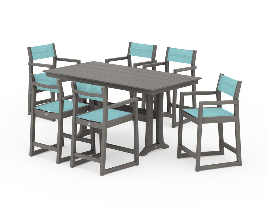 POLYWOOD® EDGE Sling Arm Chair 7-Piece Farmhouse Counter Set with Trestle Legs