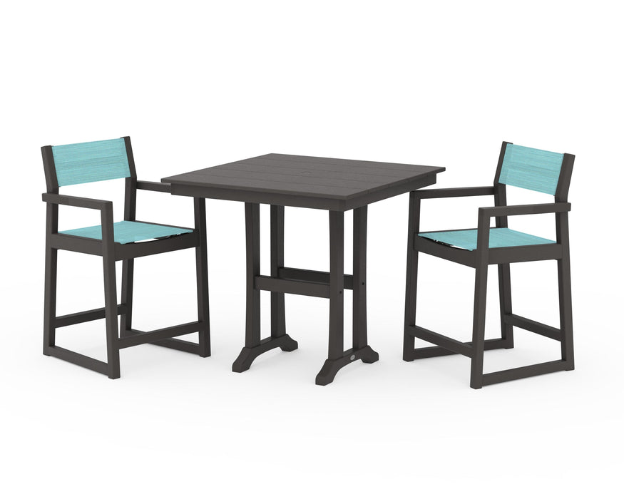 POLYWOOD® EDGE Sling Arm Chair 3-Piece Farmhouse Counter Set with Trestle Legs