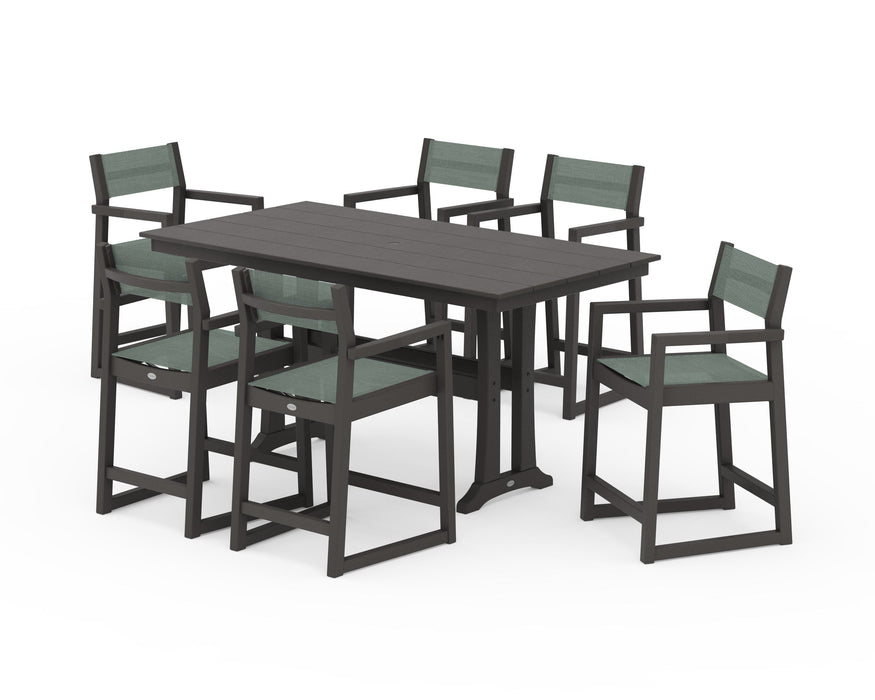 POLYWOOD® EDGE Sling Arm Chair 7-Piece Farmhouse Counter Set with Trestle Legs