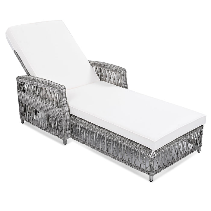 GO 2 Pieces Long Reclining Chaise, Outdoor Wicker Lounge with Armrests, Patio Adjustable Recliner with Soft Removable Cushions, All Weather Rattan Pool Lounge for Poolside & Garden, Beige