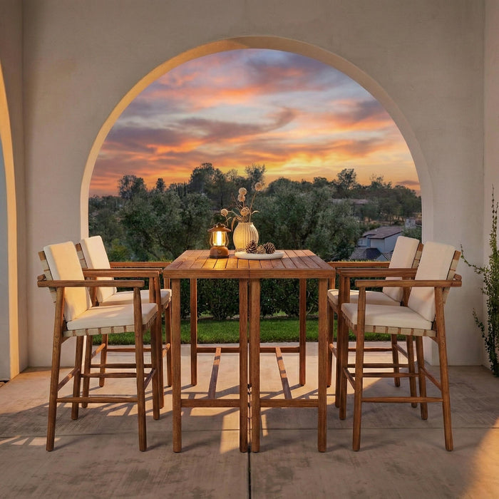 6 Piece Outdoor Bar Set with Acacia Wood Table & Cushioned Stools