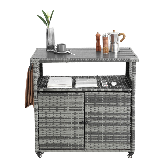 Outdoor Wicker Bar Cart with Glass Top and Wheels