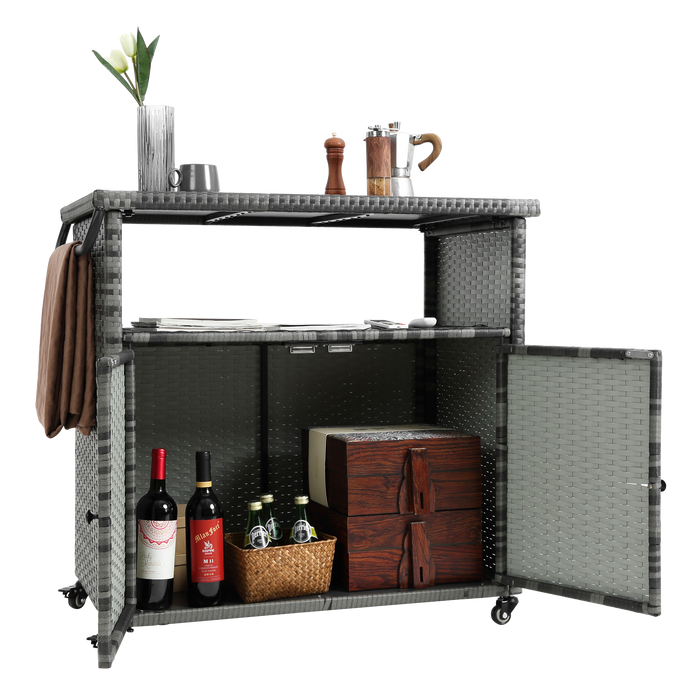 Outdoor Wicker Bar Cart with Glass Top and Wheels