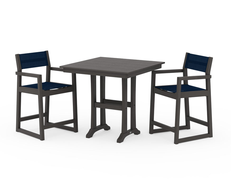 POLYWOOD® EDGE Sling Arm Chair 3-Piece Farmhouse Counter Set with Trestle Legs