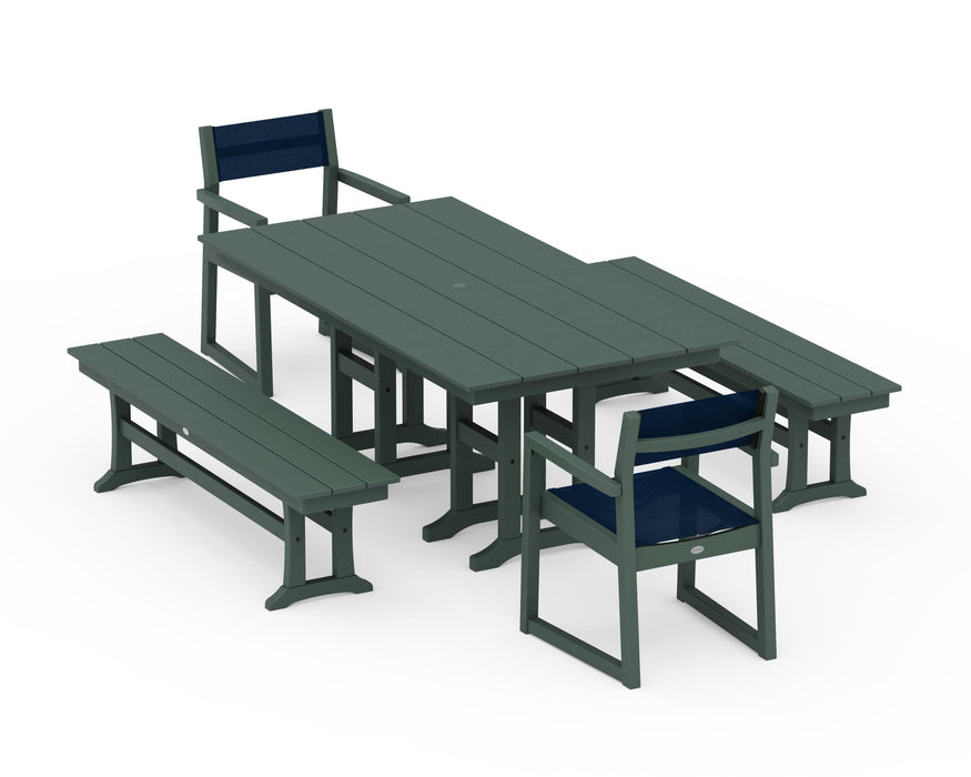 POLYWOOD® EDGE Sling Arm Chair 5-Piece Farmhouse Dining Set with Benches