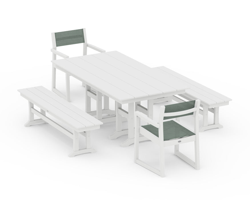 POLYWOOD® EDGE Sling Arm Chair 5-Piece Farmhouse Dining Set with Benches