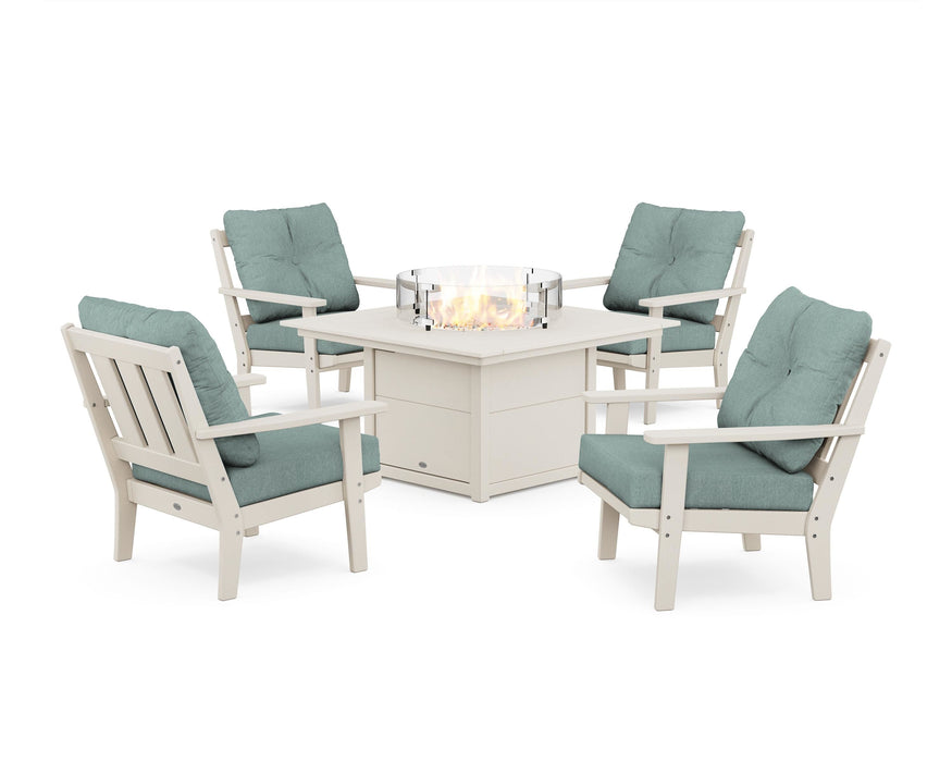 POLYWOOD Oxford 5-Piece Deep Seating Set with Fire Pit Table in Sand / Glacier Spa