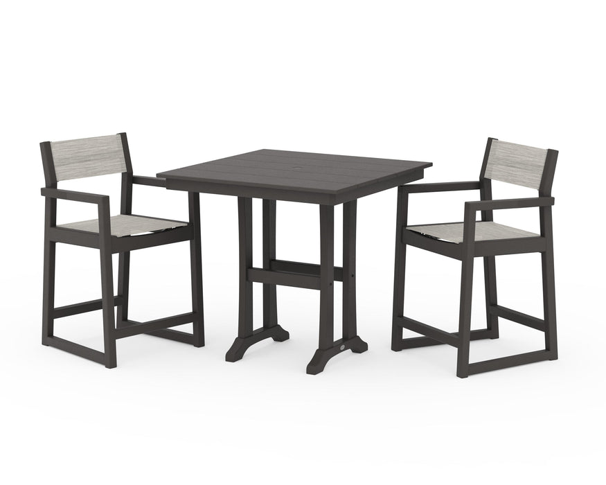 POLYWOOD® EDGE Sling Arm Chair 3-Piece Farmhouse Counter Set with Trestle Legs