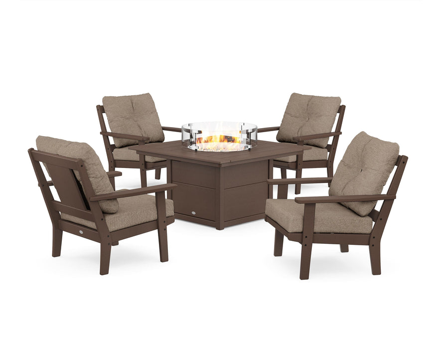 POLYWOOD Prairie 5-Piece Deep Seating Set with Fire Pit Table in Mahogany / Spiced Burlap
