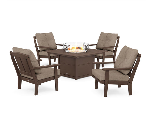 POLYWOOD Mission 5-Piece Deep Seating Set with Fire Pit Table in Mahogany / Spiced Burlap