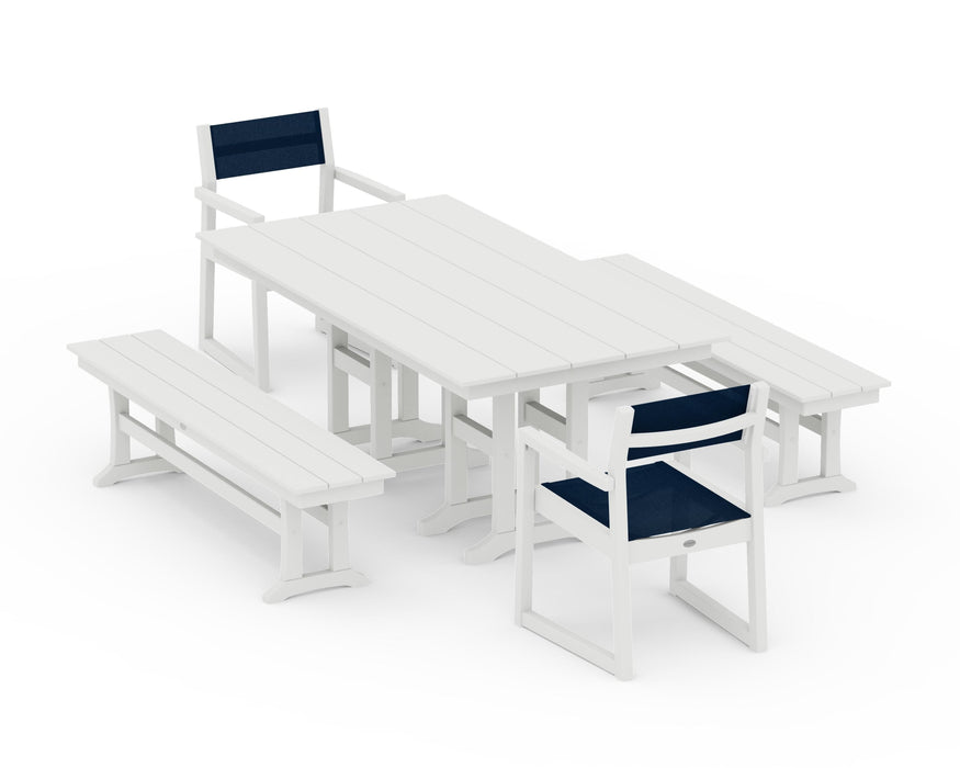 POLYWOOD® EDGE Sling Arm Chair 5-Piece Farmhouse Dining Set with Benches
