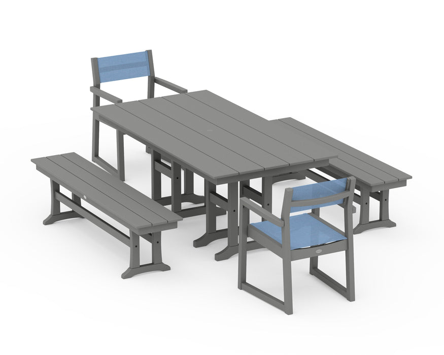 POLYWOOD® EDGE Sling Arm Chair 5-Piece Farmhouse Dining Set with Benches
