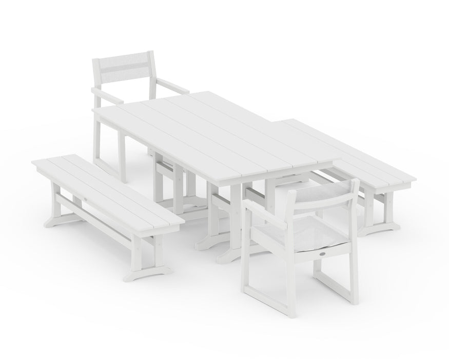POLYWOOD® EDGE Sling Arm Chair 5-Piece Farmhouse Dining Set with Benches