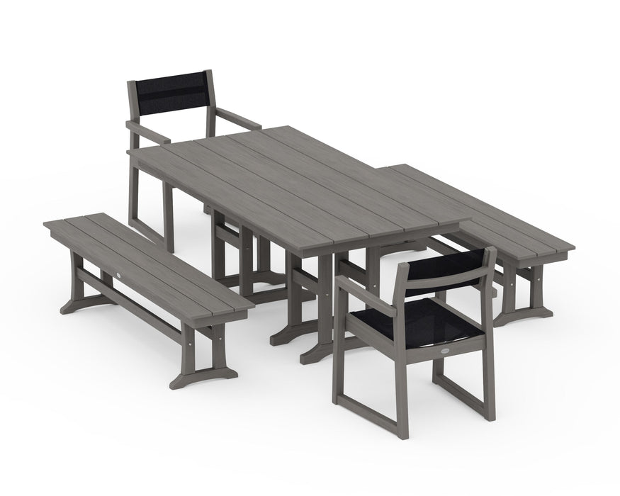 POLYWOOD® EDGE Sling Arm Chair 5-Piece Farmhouse Dining Set with Benches