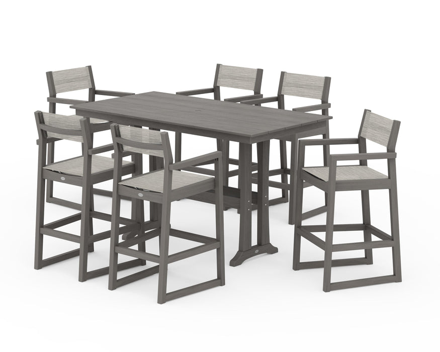 POLYWOOD® EDGE Sling Arm Chair 7-Piece Farmhouse Bar Set with Trestle Legs