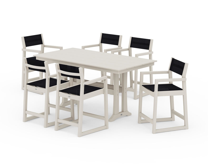 POLYWOOD® EDGE Sling Arm Chair 7-Piece Farmhouse Counter Set with Trestle Legs