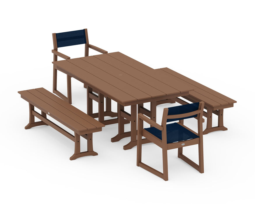 POLYWOOD® EDGE Sling Arm Chair 5-Piece Farmhouse Dining Set with Benches