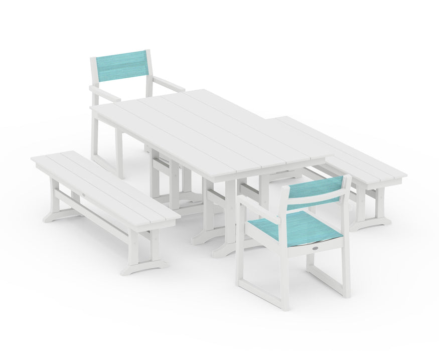 POLYWOOD® EDGE Sling Arm Chair 5-Piece Farmhouse Dining Set with Benches